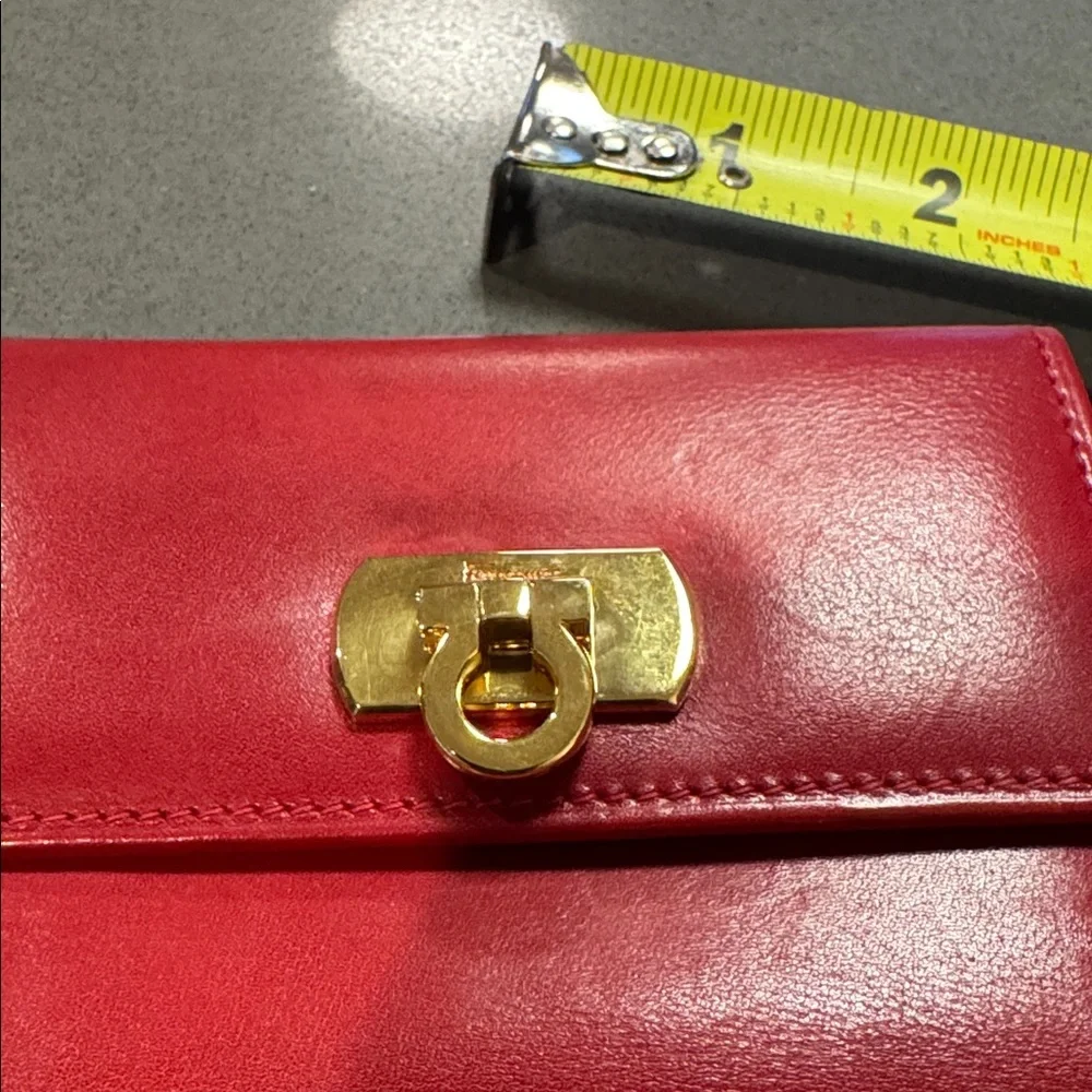 Salvatore Ferragamo Authentic Pre Owned Red Leather Card Holder Gold Hardware.